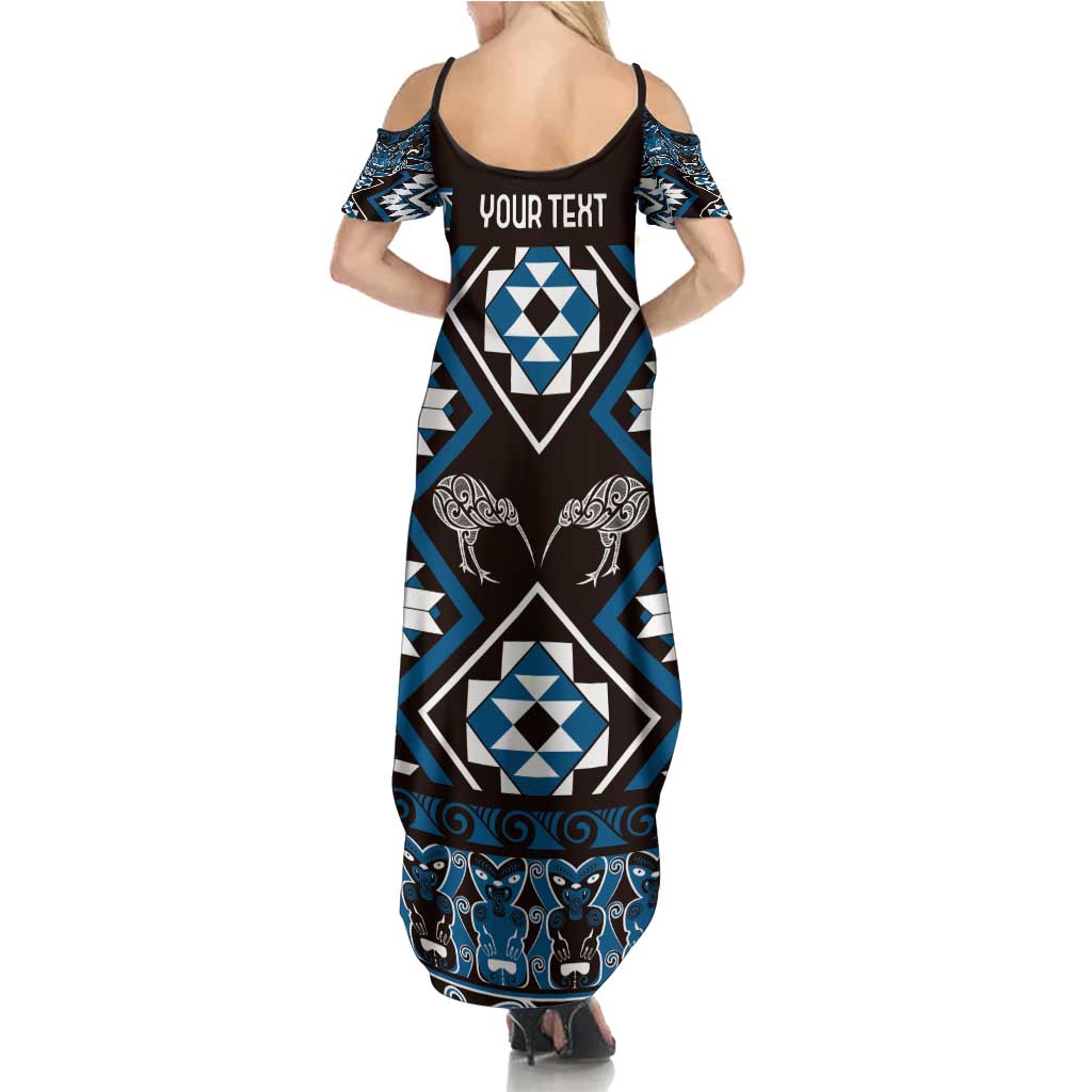 Personalised Taniko Motifs Aotearoa Family Matching Summer Maxi Dress and Hawaiian Shirt Waitangi Kowhaiwhai Kiwi - Blue LT7 - Polynesian Pride