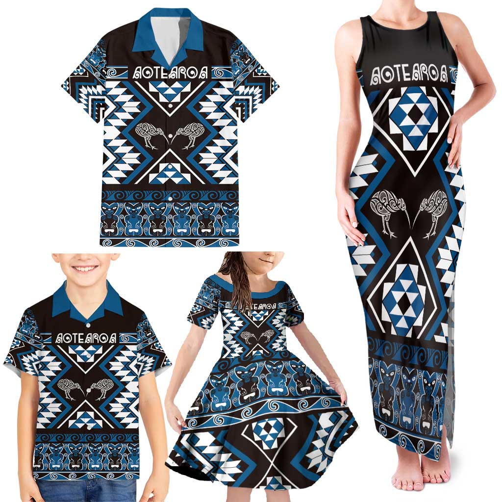 Personalised Taniko Motifs Aotearoa Family Matching Tank Maxi Dress and Hawaiian Shirt Waitangi Kowhaiwhai Kiwi - Blue LT7 - Polynesian Pride