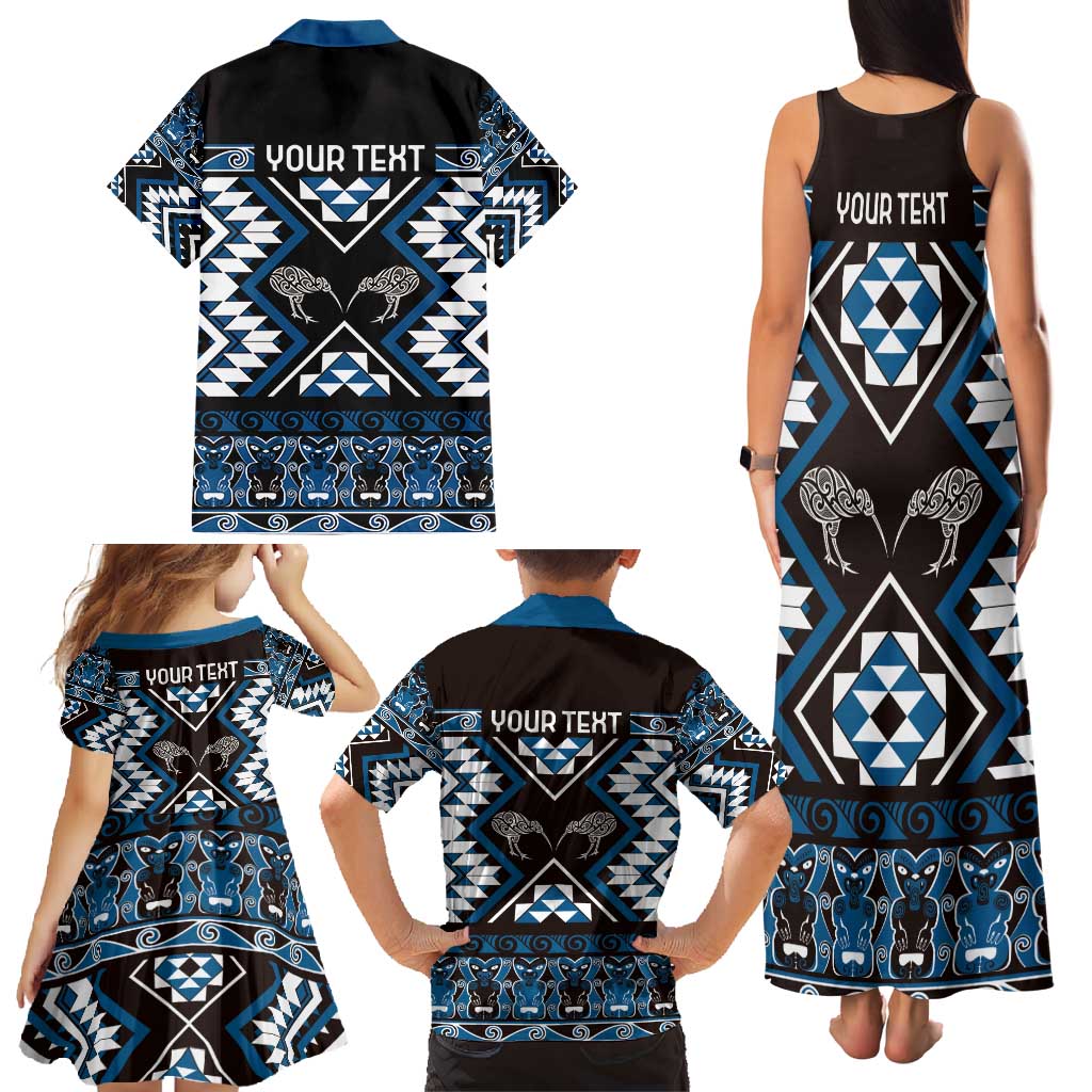 Personalised Taniko Motifs Aotearoa Family Matching Tank Maxi Dress and Hawaiian Shirt Waitangi Kowhaiwhai Kiwi - Blue LT7 - Polynesian Pride