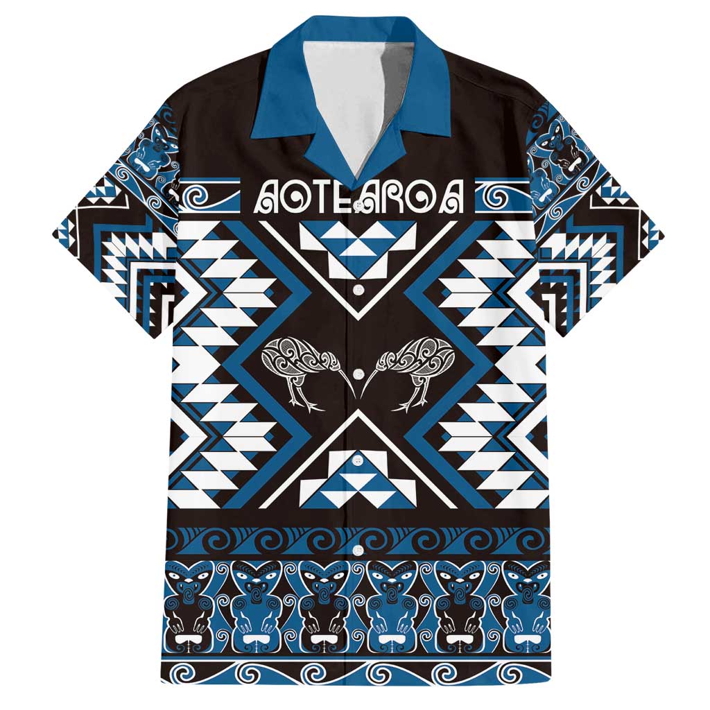Personalised Taniko Motifs Aotearoa Family Matching Tank Maxi Dress and Hawaiian Shirt Waitangi Kowhaiwhai Kiwi - Blue LT7 Dad's Shirt - Short Sleeve Blue - Polynesian Pride