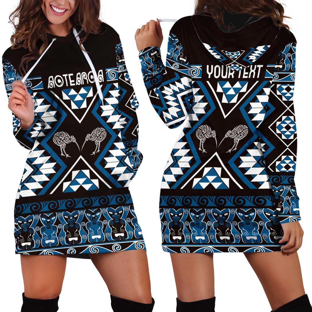 Personalised Taniko Motifs Aotearoa Hoodie Dress Waitangi Kowhaiwhai Kiwi - Blue LT7 - Polynesian Pride