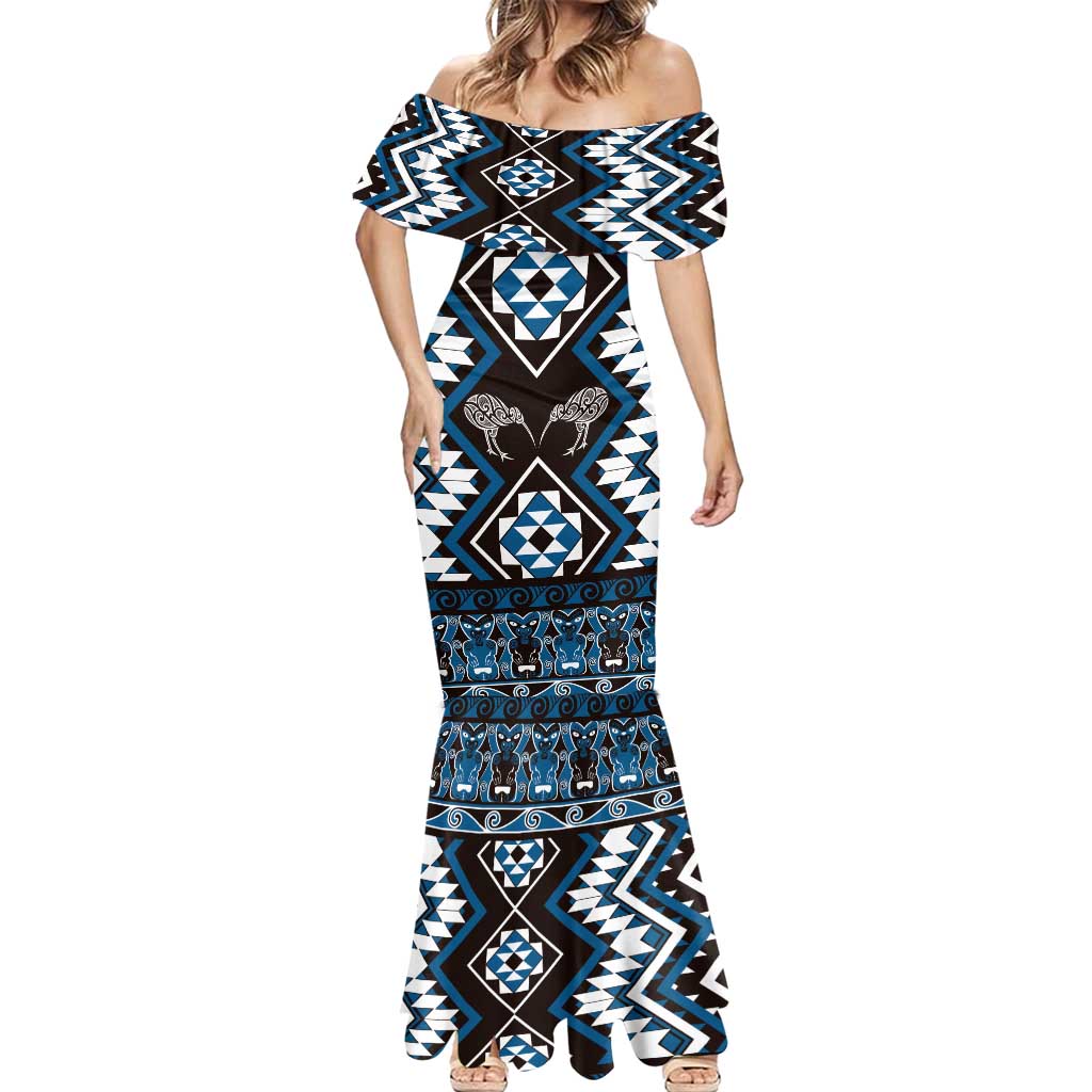 Personalised Taniko Motifs Aotearoa Mermaid Dress Waitangi Kowhaiwhai Kiwi - Blue LT7 - Polynesian Pride