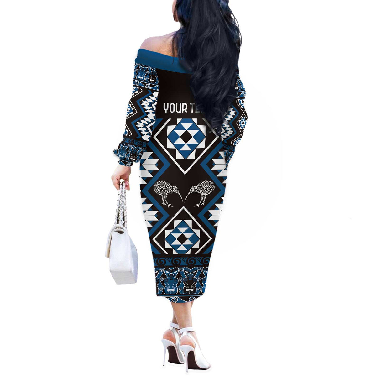 Personalised Taniko Motifs Aotearoa Off The Shoulder Long Sleeve Dress Waitangi Kowhaiwhai Kiwi - Blue LT7 - Polynesian Pride