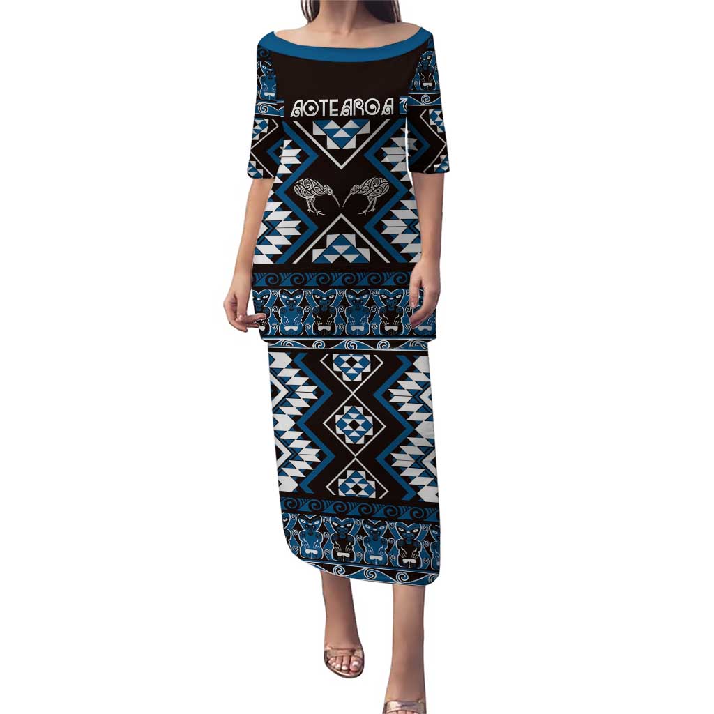 Personalised Taniko Motifs Aotearoa Puletasi Waitangi Kowhaiwhai Kiwi - Blue LT7 Long Dress Blue - Polynesian Pride