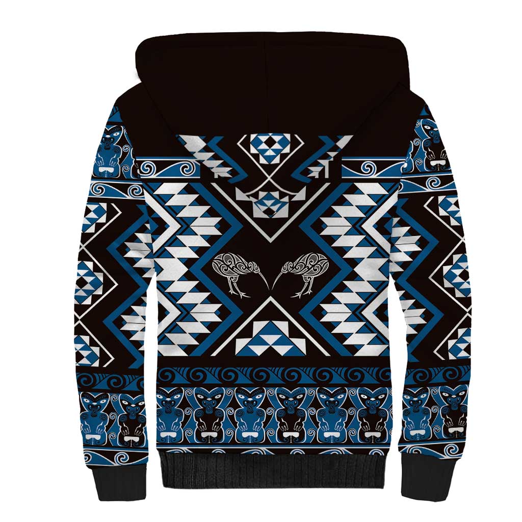Personalised Taniko Motifs Aotearoa Sherpa Hoodie Waitangi Kowhaiwhai Kiwi - Blue LT7 - Polynesian Pride