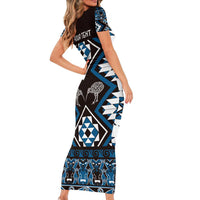 Personalised Taniko Motifs Aotearoa Short Sleeve Bodycon Dress Waitangi Kowhaiwhai Kiwi - Blue LT7 - Polynesian Pride