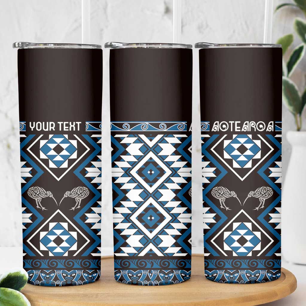 Personalised Taniko Motifs Aotearoa Skinny Tumbler Waitangi Kowhaiwhai Kiwi - Blue LT7 - Polynesian Pride