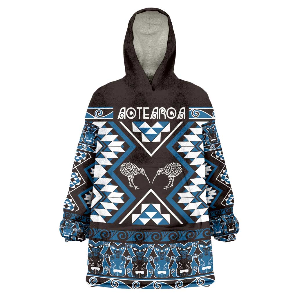 Personalised Taniko Motifs Aotearoa Wearable Blanket Hoodie Waitangi Kowhaiwhai Kiwi - Blue LT7 One Size Blue - Polynesian Pride