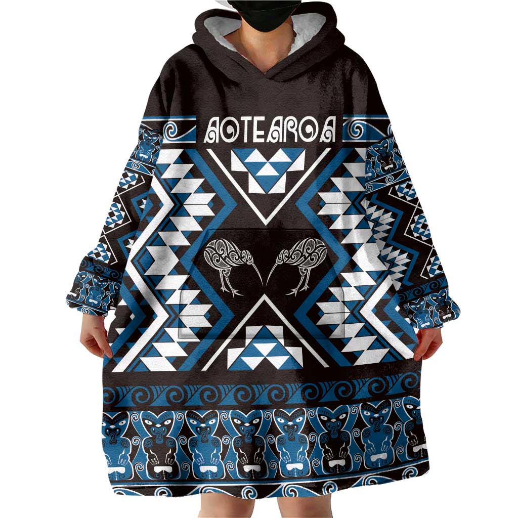 Personalised Taniko Motifs Aotearoa Wearable Blanket Hoodie Waitangi Kowhaiwhai Kiwi - Blue LT7 - Polynesian Pride