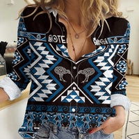 Personalised Taniko Motifs Aotearoa Women Casual Shirt Waitangi Kowhaiwhai Kiwi - Blue LT7 Female Blue - Polynesian Pride