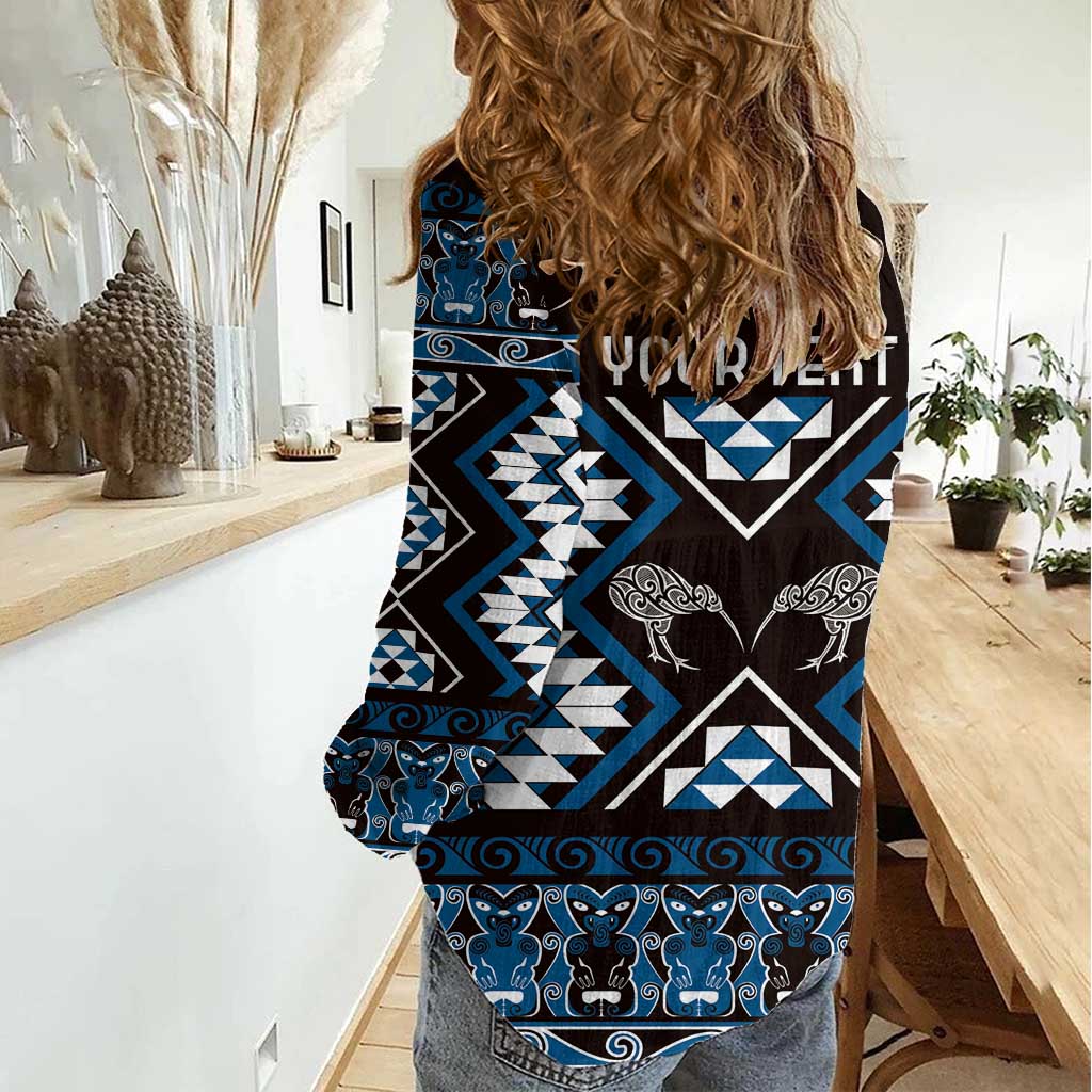 Personalised Taniko Motifs Aotearoa Women Casual Shirt Waitangi Kowhaiwhai Kiwi - Blue LT7 - Polynesian Pride