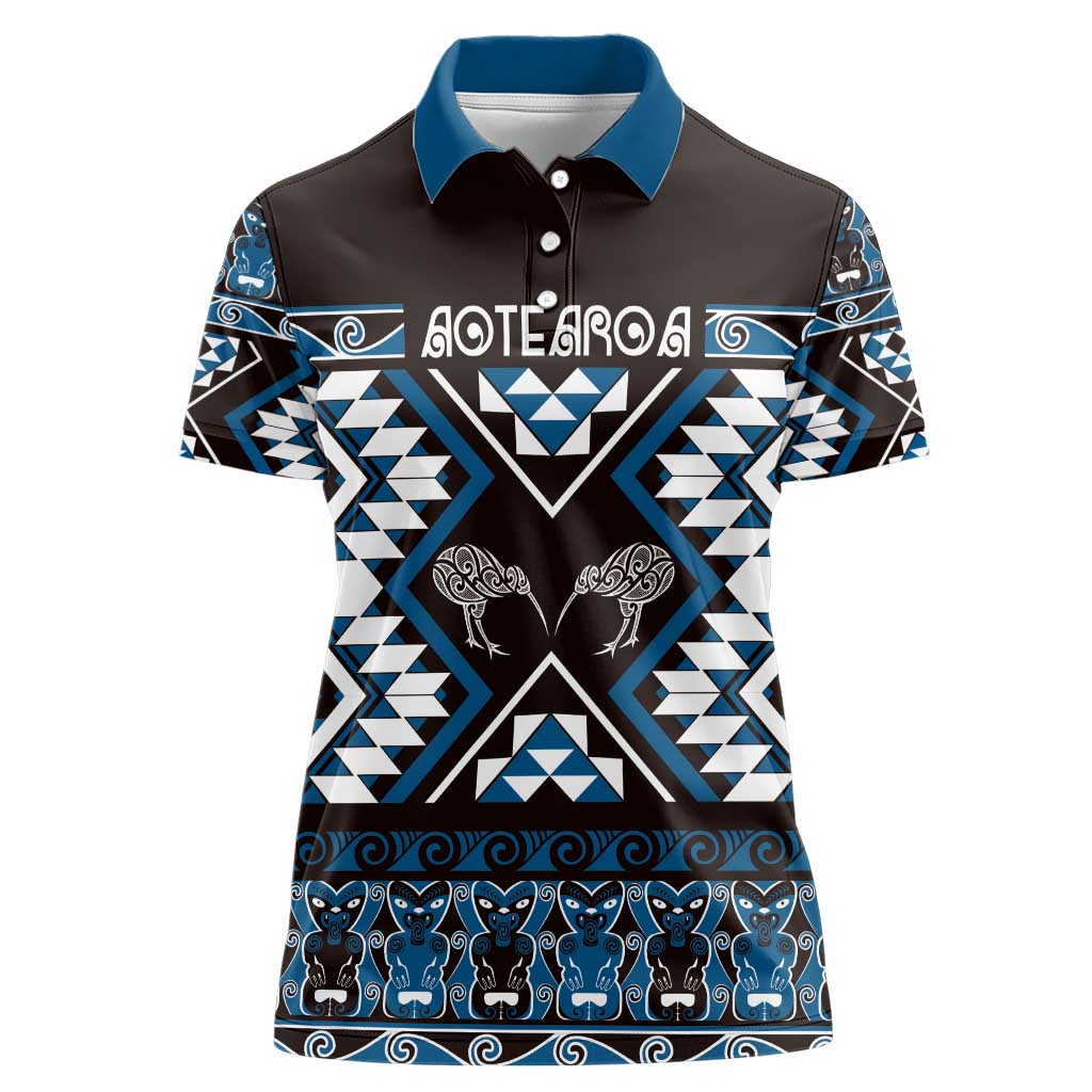 Personalised Taniko Motifs Aotearoa Women Polo Shirt Waitangi Kowhaiwhai Kiwi - Blue LT7 Female Blue - Polynesian Pride