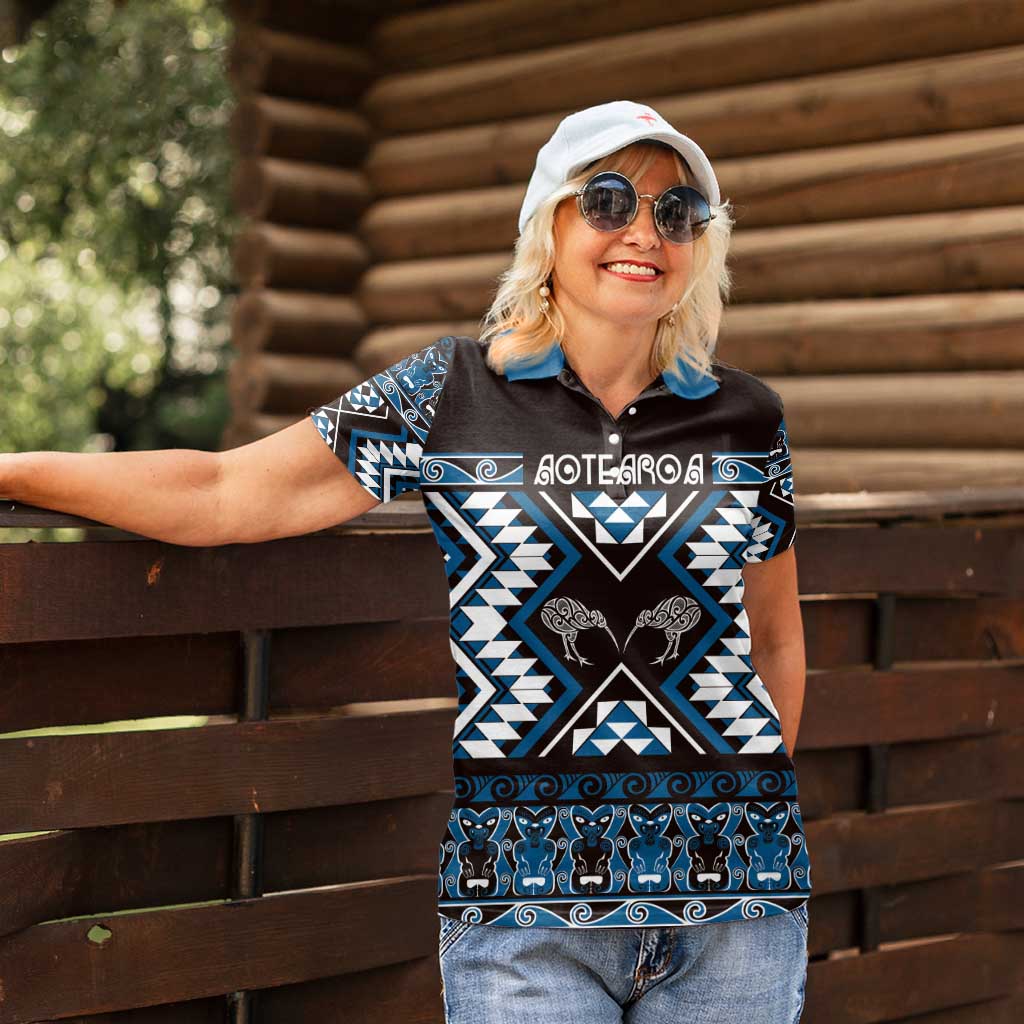 Personalised Taniko Motifs Aotearoa Women Polo Shirt Waitangi Kowhaiwhai Kiwi - Blue LT7 - Polynesian Pride