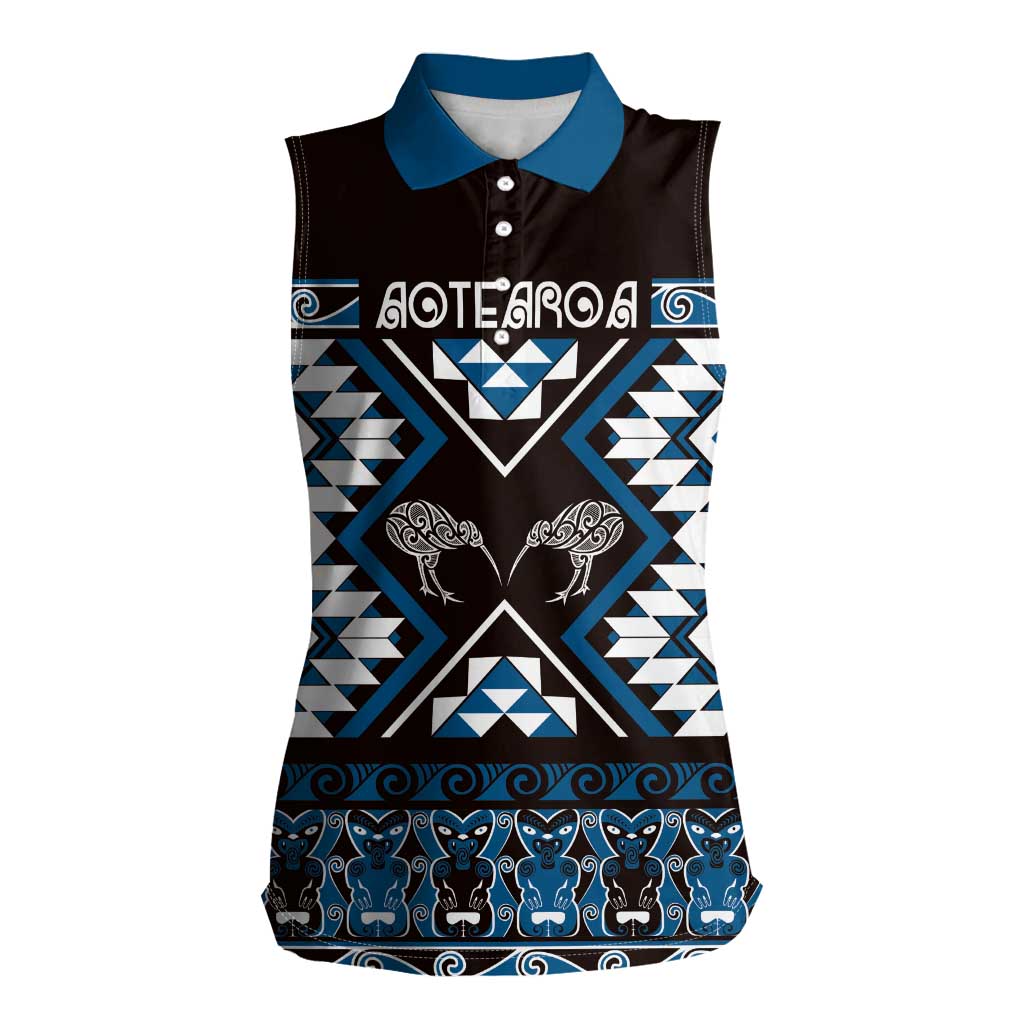 Personalised Taniko Motifs Aotearoa Women Sleeveless Polo Shirt Waitangi Kowhaiwhai Kiwi - Blue LT7 Female Blue - Polynesian Pride