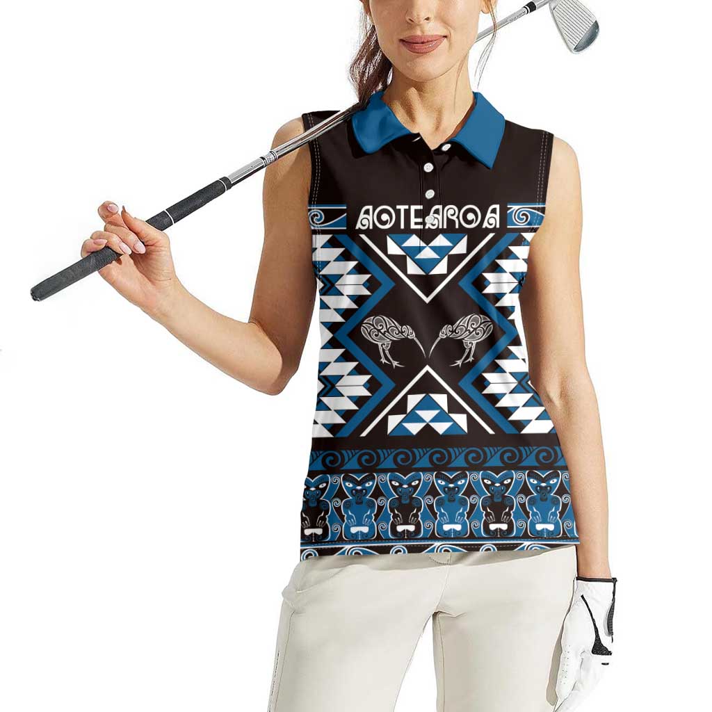Personalised Taniko Motifs Aotearoa Women Sleeveless Polo Shirt Waitangi Kowhaiwhai Kiwi - Blue LT7 - Polynesian Pride