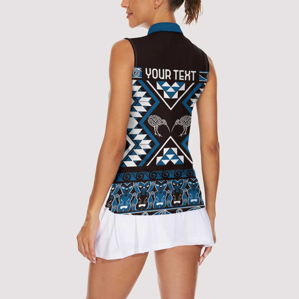 Personalised Taniko Motifs Aotearoa Women Sleeveless Polo Shirt Waitangi Kowhaiwhai Kiwi - Blue LT7 - Polynesian Pride