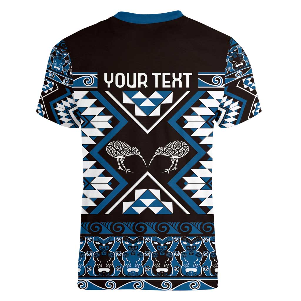 Personalised Taniko Motifs Aotearoa Women V-Neck T-Shirt Waitangi Kowhaiwhai Kiwi - Blue LT7 - Polynesian Pride