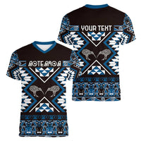 Personalised Taniko Motifs Aotearoa Women V-Neck T-Shirt Waitangi Kowhaiwhai Kiwi - Blue LT7 - Polynesian Pride