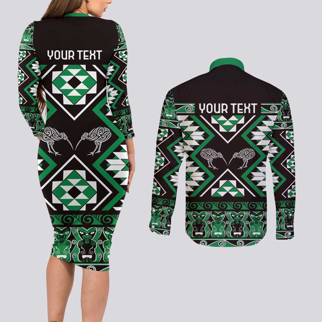 Personalised Taniko Motifs Aotearoa Couples Matching Long Sleeve Bodycon Dress and Long Sleeve Button Shirt Waitangi Kowhaiwhai Kiwi - Green LT7 - Polynesian Pride