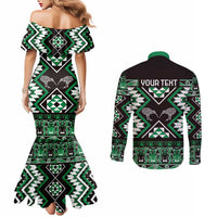 Personalised Taniko Motifs Aotearoa Couples Matching Mermaid Dress and Long Sleeve Button Shirt Waitangi Kowhaiwhai Kiwi - Green LT7 - Polynesian Pride
