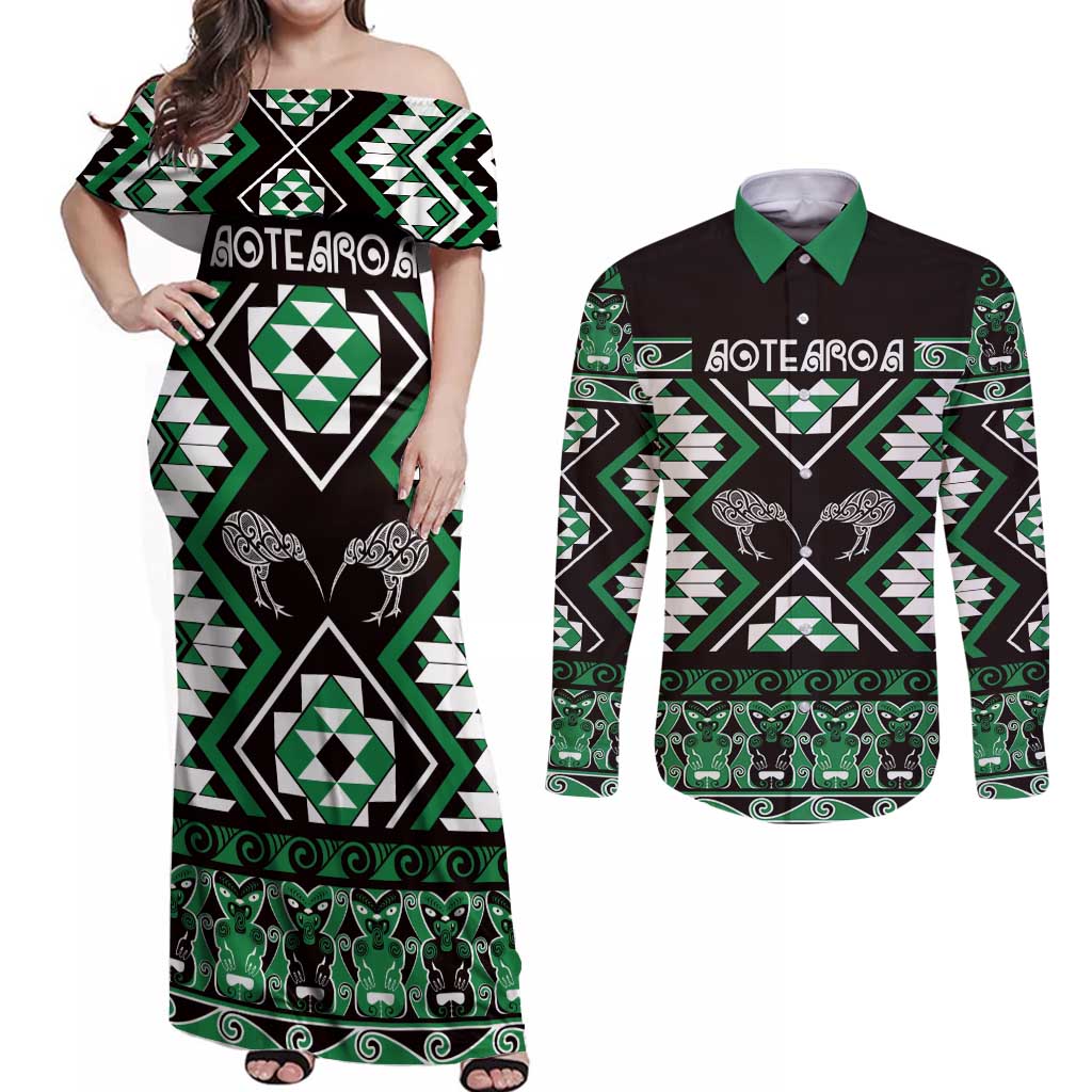 Personalised Taniko Motifs Aotearoa Couples Matching Off Shoulder Maxi Dress and Long Sleeve Button Shirt Waitangi Kowhaiwhai Kiwi - Green LT7 Green - Polynesian Pride