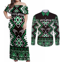 Personalised Taniko Motifs Aotearoa Couples Matching Off Shoulder Maxi Dress and Long Sleeve Button Shirt Waitangi Kowhaiwhai Kiwi - Green LT7 Green - Polynesian Pride