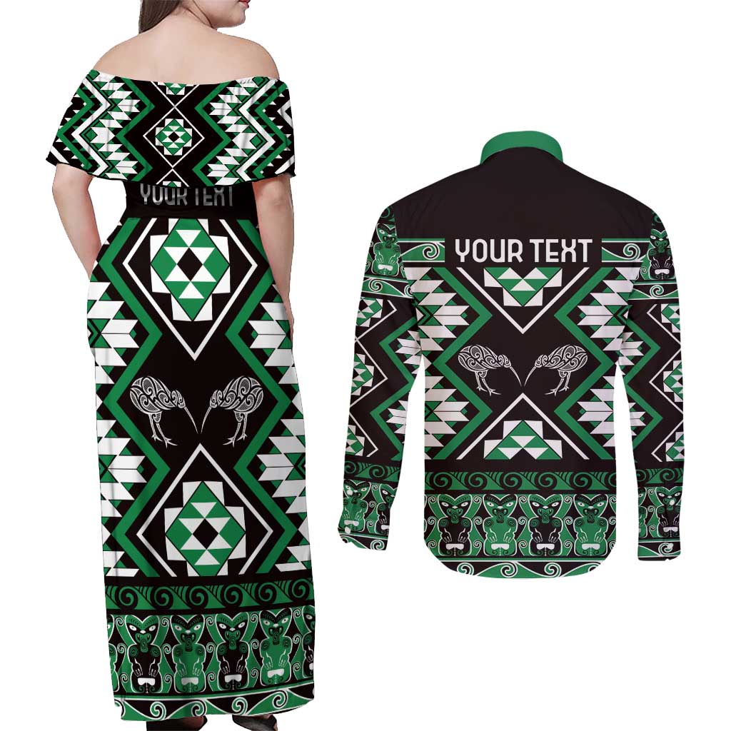 Personalised Taniko Motifs Aotearoa Couples Matching Off Shoulder Maxi Dress and Long Sleeve Button Shirt Waitangi Kowhaiwhai Kiwi - Green LT7 - Polynesian Pride