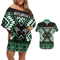 Personalised Taniko Motifs Aotearoa Couples Matching Off Shoulder Short Dress and Hawaiian Shirt Waitangi Kowhaiwhai Kiwi - Green LT7 Green - Polynesian Pride