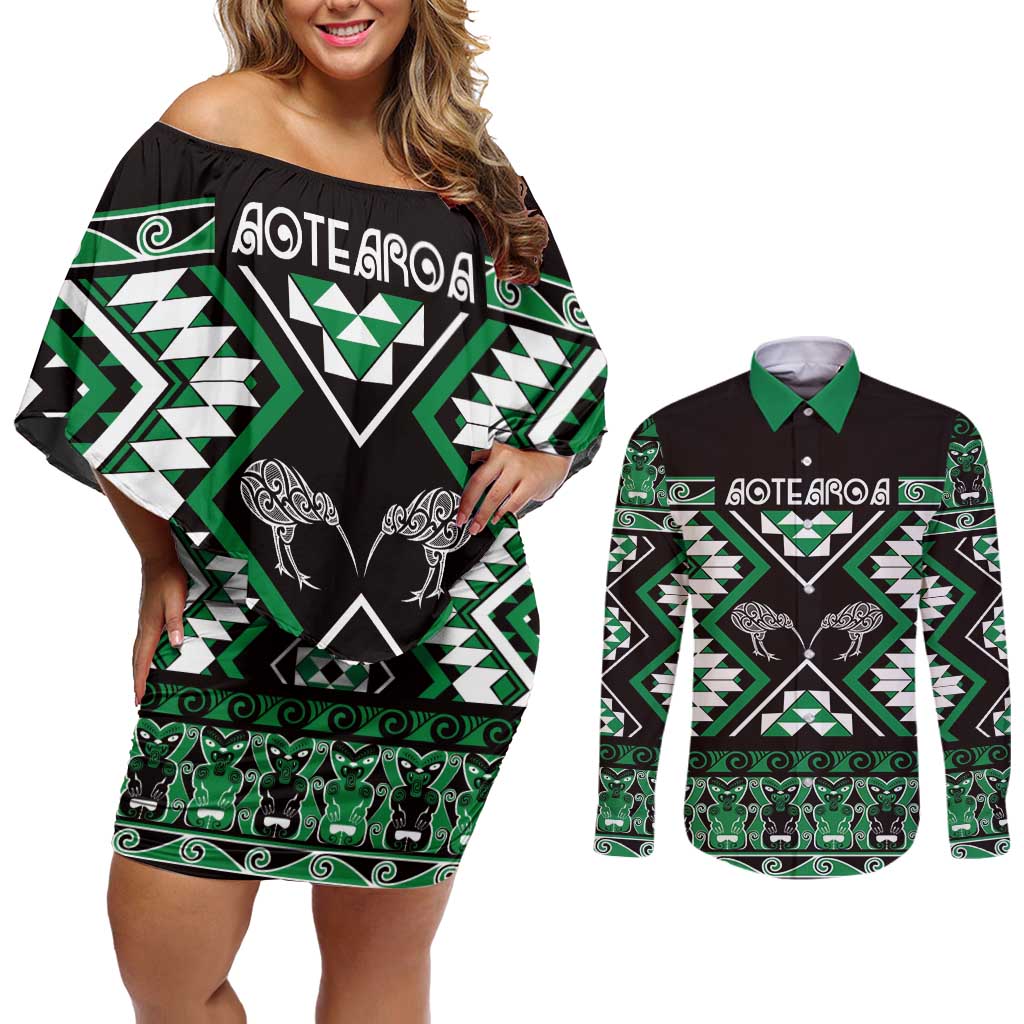 Personalised Taniko Motifs Aotearoa Couples Matching Off Shoulder Short Dress and Long Sleeve Button Shirt Waitangi Kowhaiwhai Kiwi - Green LT7 Green - Polynesian Pride