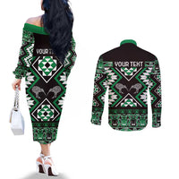 Personalised Taniko Motifs Aotearoa Couples Matching Off The Shoulder Long Sleeve Dress and Long Sleeve Button Shirt Waitangi Kowhaiwhai Kiwi - Green LT7 - Polynesian Pride
