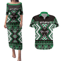 Personalised Taniko Motifs Aotearoa Couples Matching Puletasi and Hawaiian Shirt Waitangi Kowhaiwhai Kiwi - Green LT7 Green - Polynesian Pride