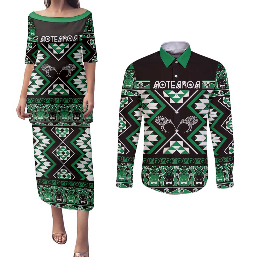 Personalised Taniko Motifs Aotearoa Couples Matching Puletasi and Long Sleeve Button Shirt Waitangi Kowhaiwhai Kiwi - Green LT7 Green - Polynesian Pride