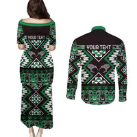 Personalised Taniko Motifs Aotearoa Couples Matching Puletasi and Long Sleeve Button Shirt Waitangi Kowhaiwhai Kiwi - Green LT7 - Polynesian Pride