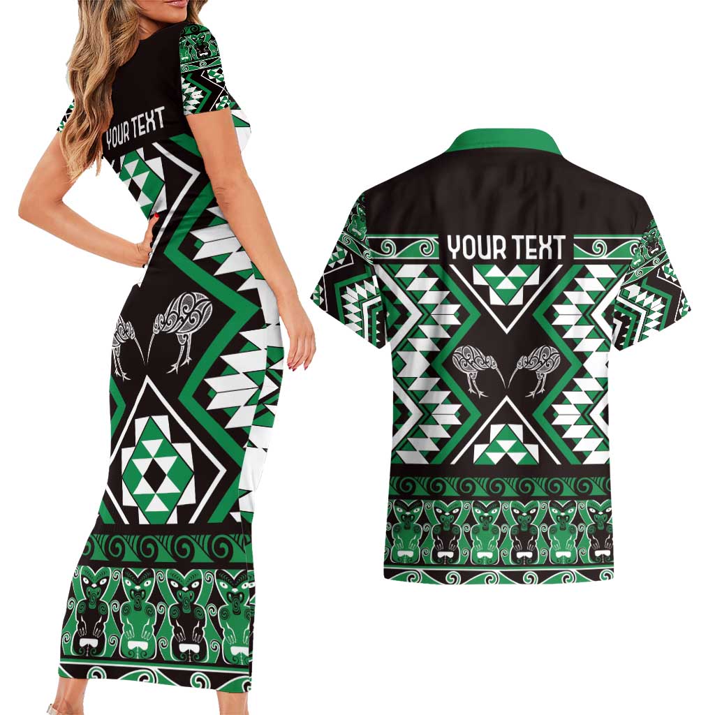 Personalised Taniko Motifs Aotearoa Couples Matching Short Sleeve Bodycon Dress and Hawaiian Shirt Waitangi Kowhaiwhai Kiwi - Green LT7 - Polynesian Pride