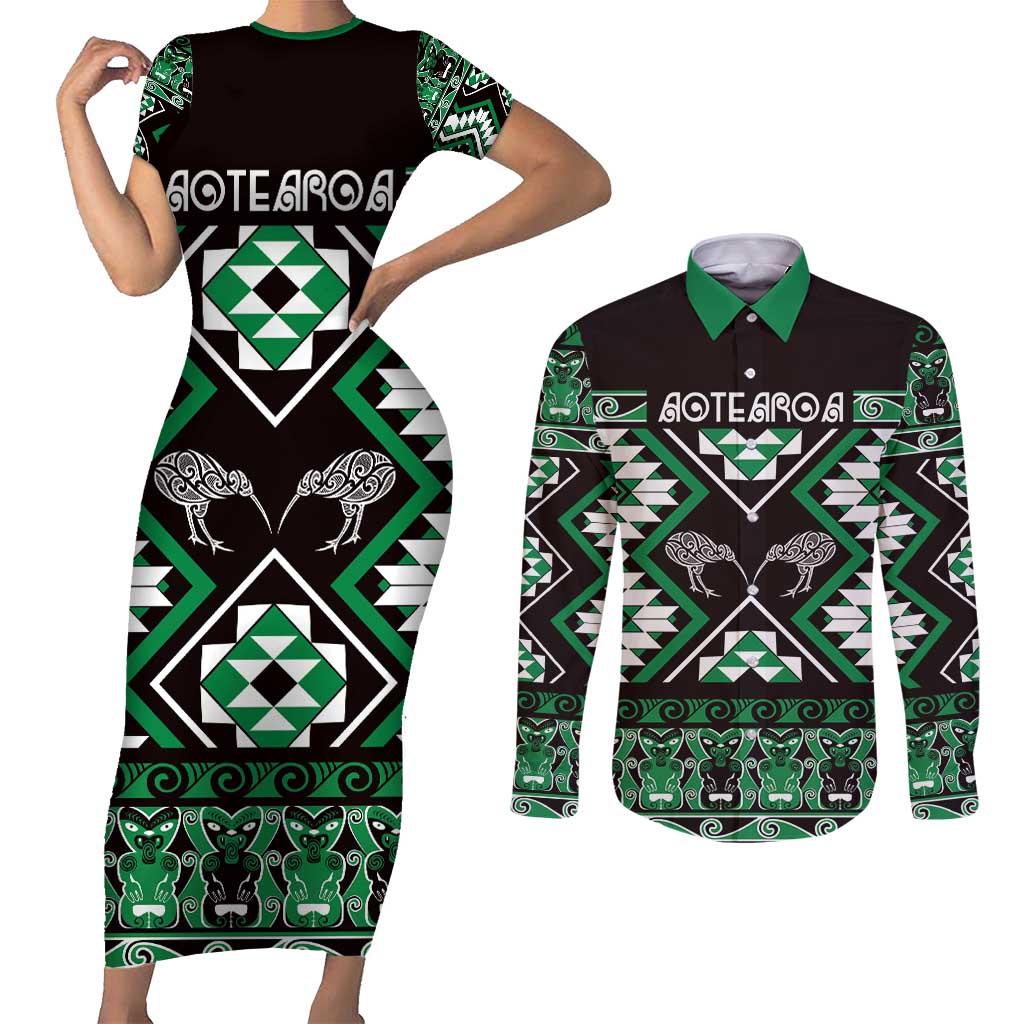Personalised Taniko Motifs Aotearoa Couples Matching Short Sleeve Bodycon Dress and Long Sleeve Button Shirt Waitangi Kowhaiwhai Kiwi - Green LT7 Green - Polynesian Pride