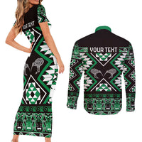 Personalised Taniko Motifs Aotearoa Couples Matching Short Sleeve Bodycon Dress and Long Sleeve Button Shirt Waitangi Kowhaiwhai Kiwi - Green LT7 - Polynesian Pride