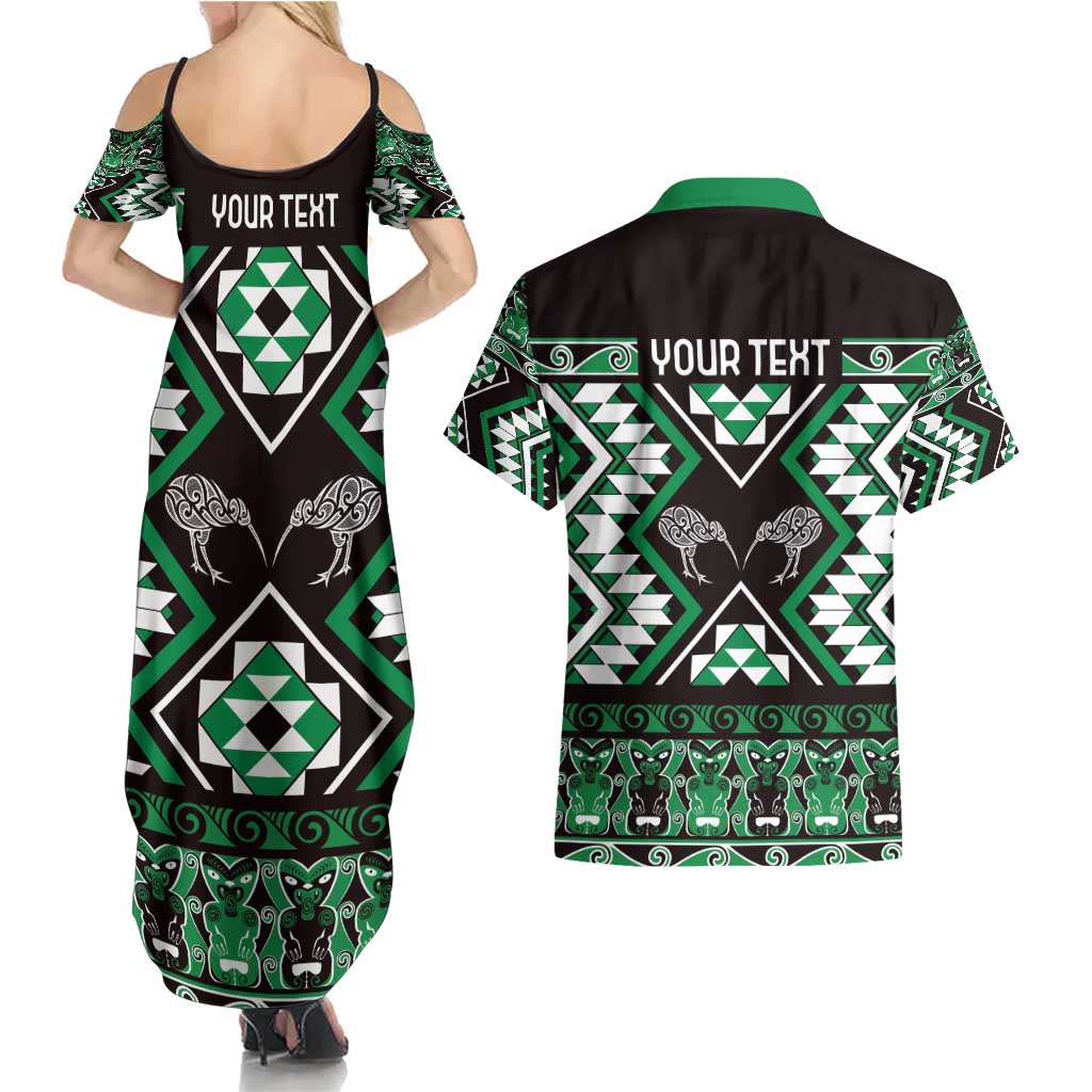 Personalised Taniko Motifs Aotearoa Couples Matching Summer Maxi Dress and Hawaiian Shirt Waitangi Kowhaiwhai Kiwi - Green LT7 - Polynesian Pride