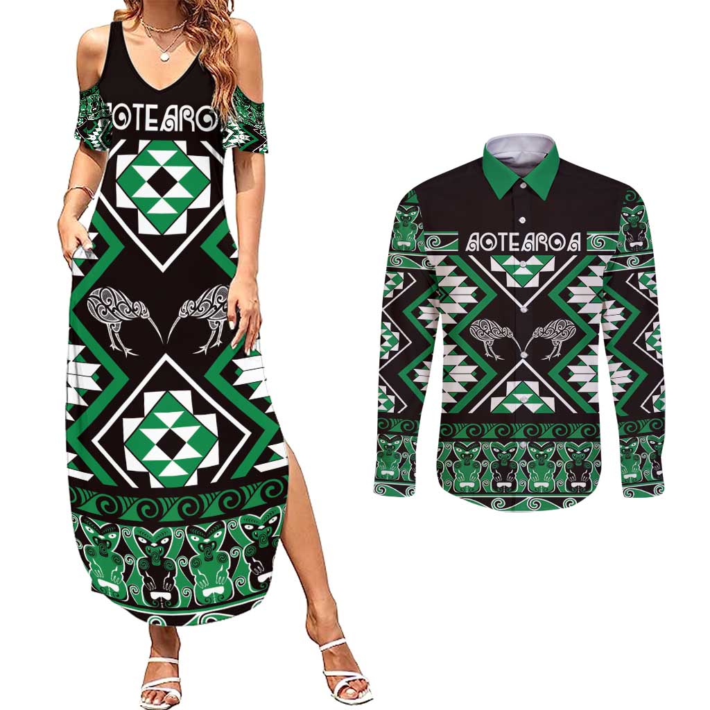 Personalised Taniko Motifs Aotearoa Couples Matching Summer Maxi Dress and Long Sleeve Button Shirt Waitangi Kowhaiwhai Kiwi - Green LT7 Green - Polynesian Pride