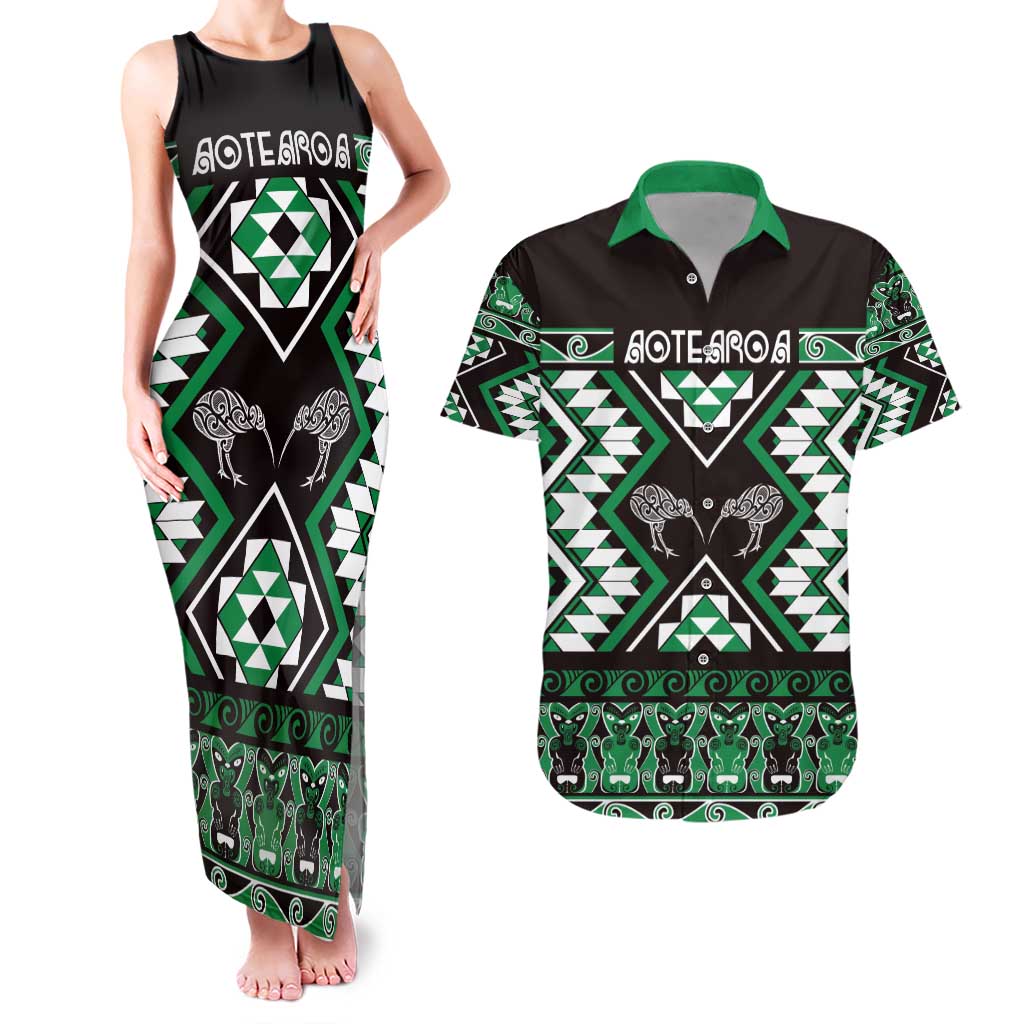 Personalised Taniko Motifs Aotearoa Couples Matching Tank Maxi Dress and Hawaiian Shirt Waitangi Kowhaiwhai Kiwi - Green LT7 Green - Polynesian Pride