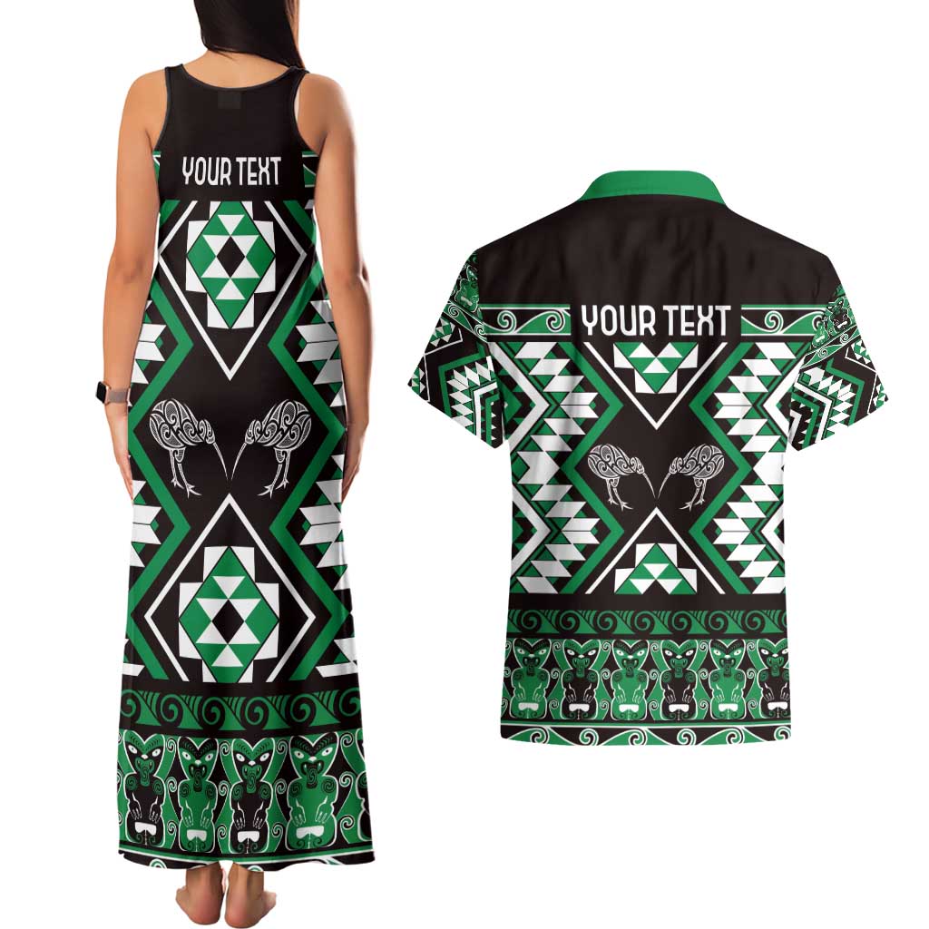Personalised Taniko Motifs Aotearoa Couples Matching Tank Maxi Dress and Hawaiian Shirt Waitangi Kowhaiwhai Kiwi - Green LT7 - Polynesian Pride