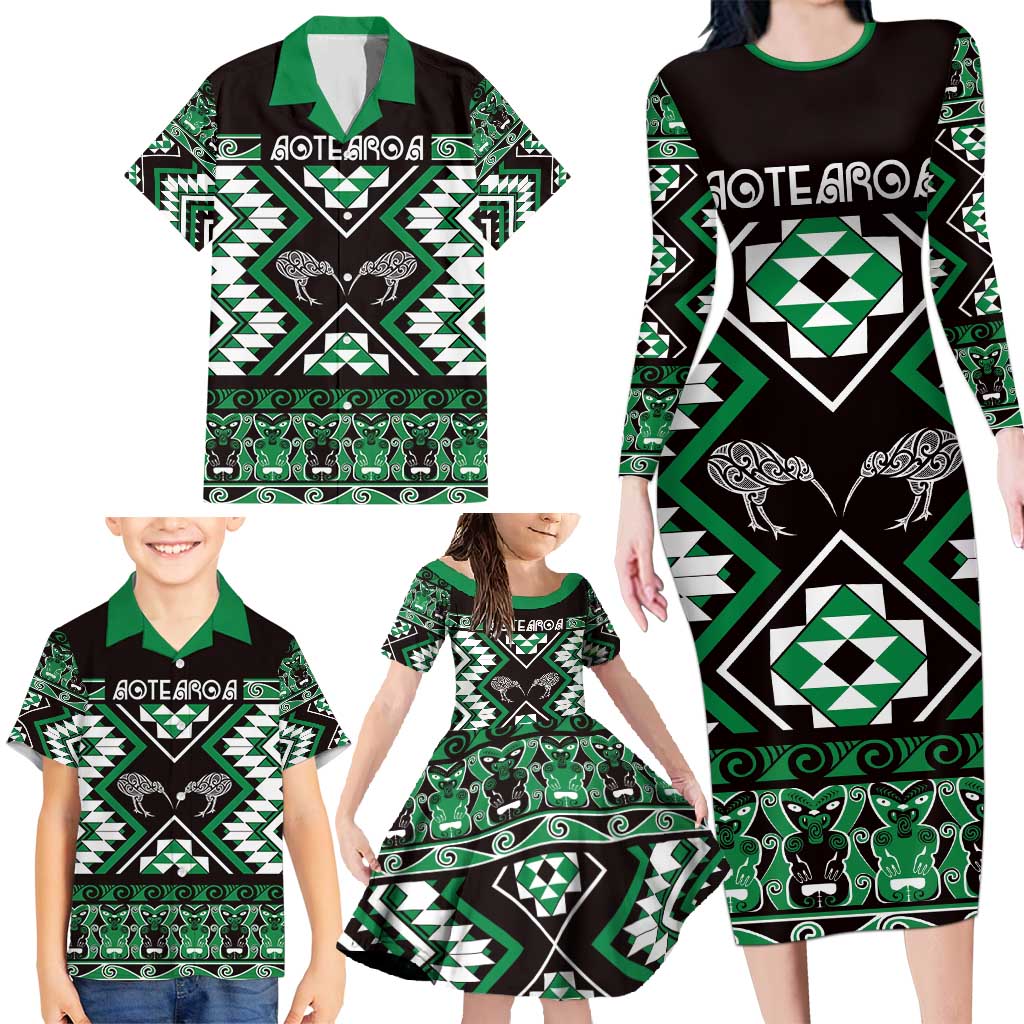 Personalised Taniko Motifs Aotearoa Family Matching Long Sleeve Bodycon Dress and Hawaiian Shirt Waitangi Kowhaiwhai Kiwi - Green LT7 - Polynesian Pride