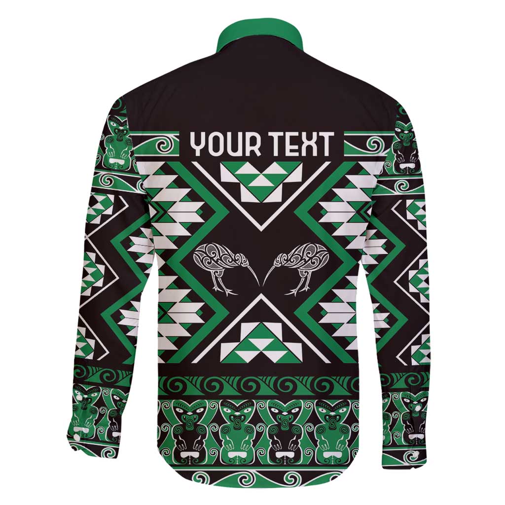 Personalised Taniko Motifs Aotearoa Family Matching Long Sleeve Bodycon Dress and Hawaiian Shirt Waitangi Kowhaiwhai Kiwi - Green LT7 - Polynesian Pride