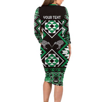 Personalised Taniko Motifs Aotearoa Family Matching Long Sleeve Bodycon Dress and Hawaiian Shirt Waitangi Kowhaiwhai Kiwi - Green LT7 - Polynesian Pride