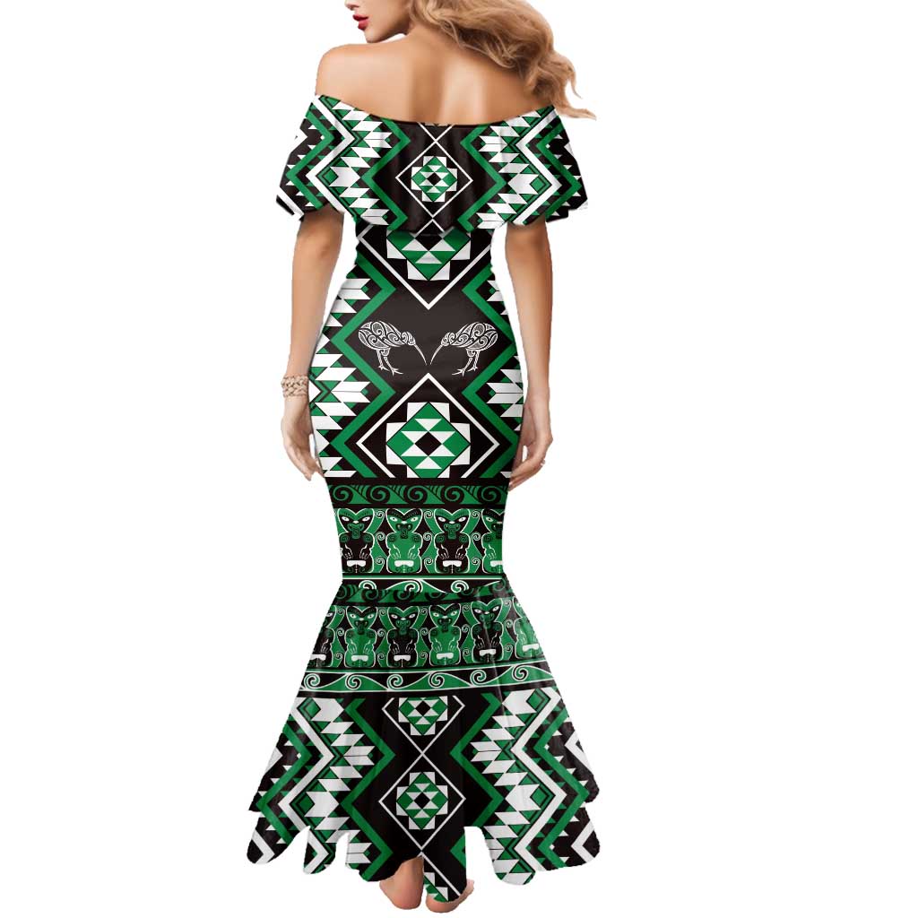 Personalised Taniko Motifs Aotearoa Family Matching Mermaid Dress and Hawaiian Shirt Waitangi Kowhaiwhai Kiwi - Green LT7 - Polynesian Pride