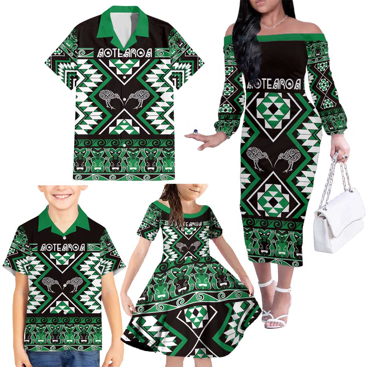 Personalised Taniko Motifs Aotearoa Family Matching Off The Shoulder Long Sleeve Dress and Hawaiian Shirt Waitangi Kowhaiwhai Kiwi - Green LT7 - Polynesian Pride