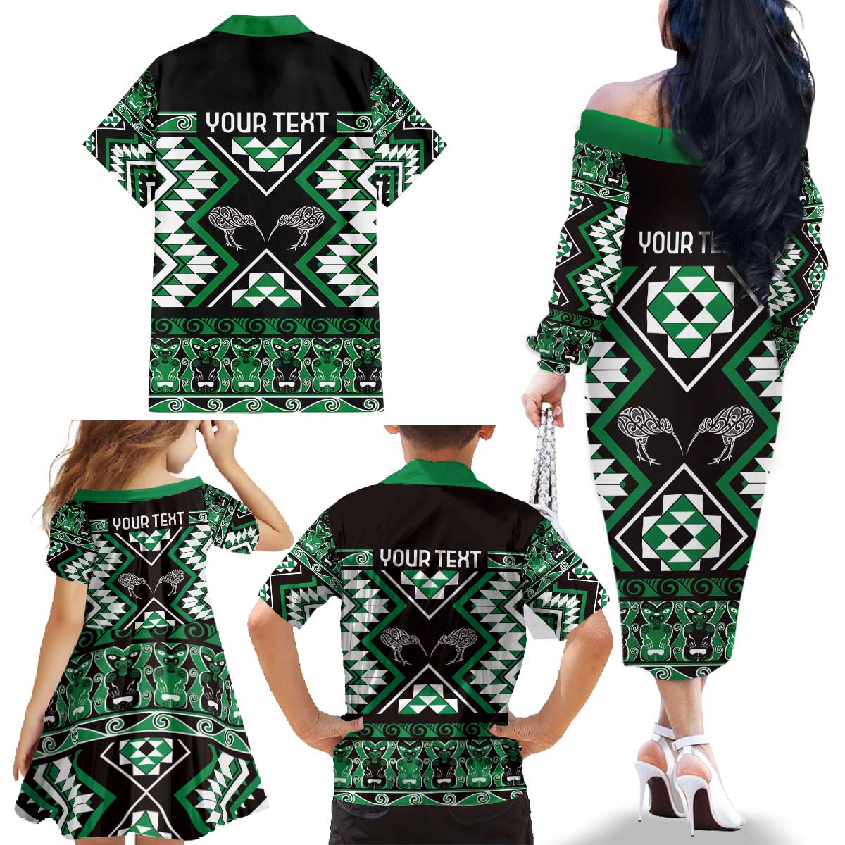 Personalised Taniko Motifs Aotearoa Family Matching Off The Shoulder Long Sleeve Dress and Hawaiian Shirt Waitangi Kowhaiwhai Kiwi - Green LT7 - Polynesian Pride