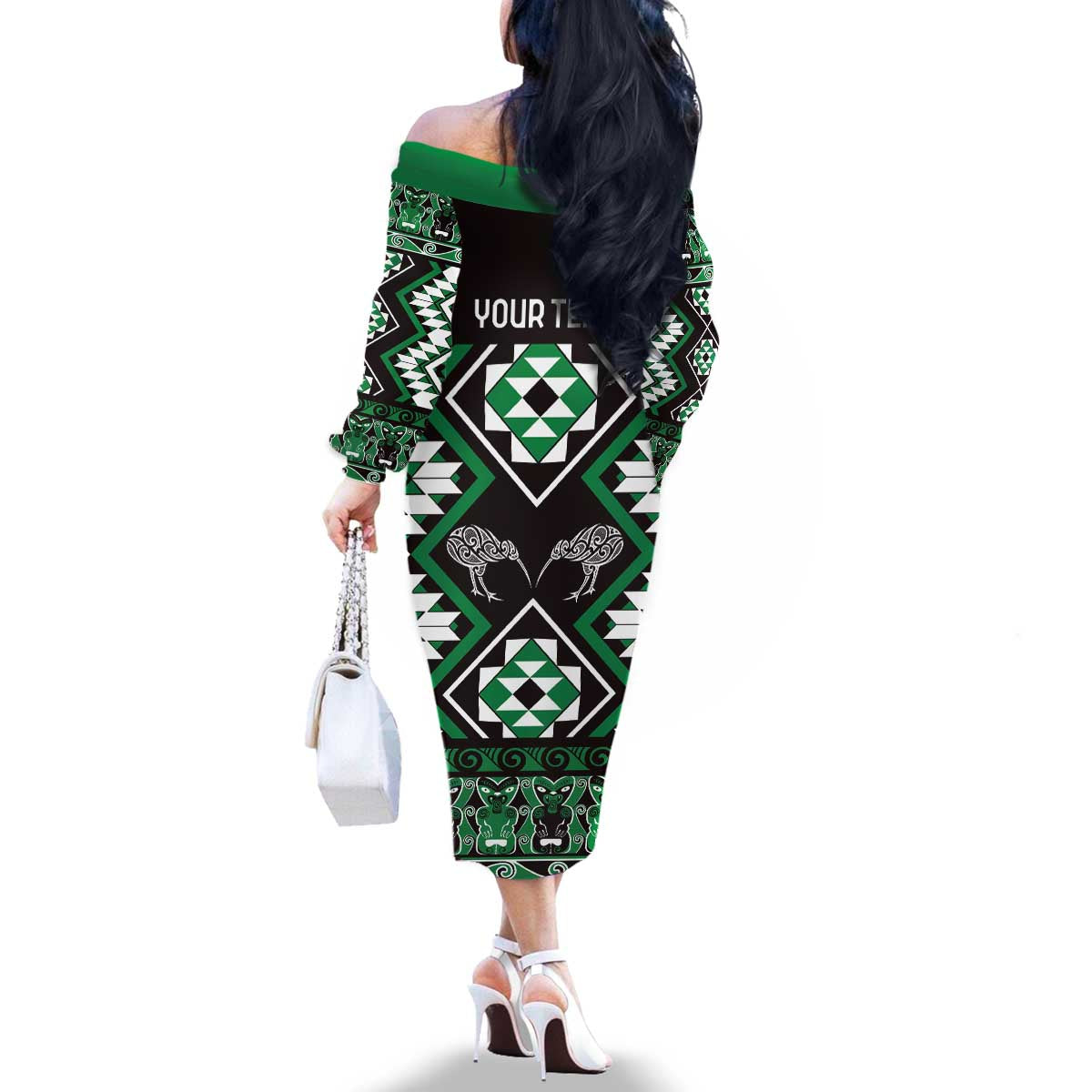 Personalised Taniko Motifs Aotearoa Family Matching Off The Shoulder Long Sleeve Dress and Hawaiian Shirt Waitangi Kowhaiwhai Kiwi - Green LT7 - Polynesian Pride