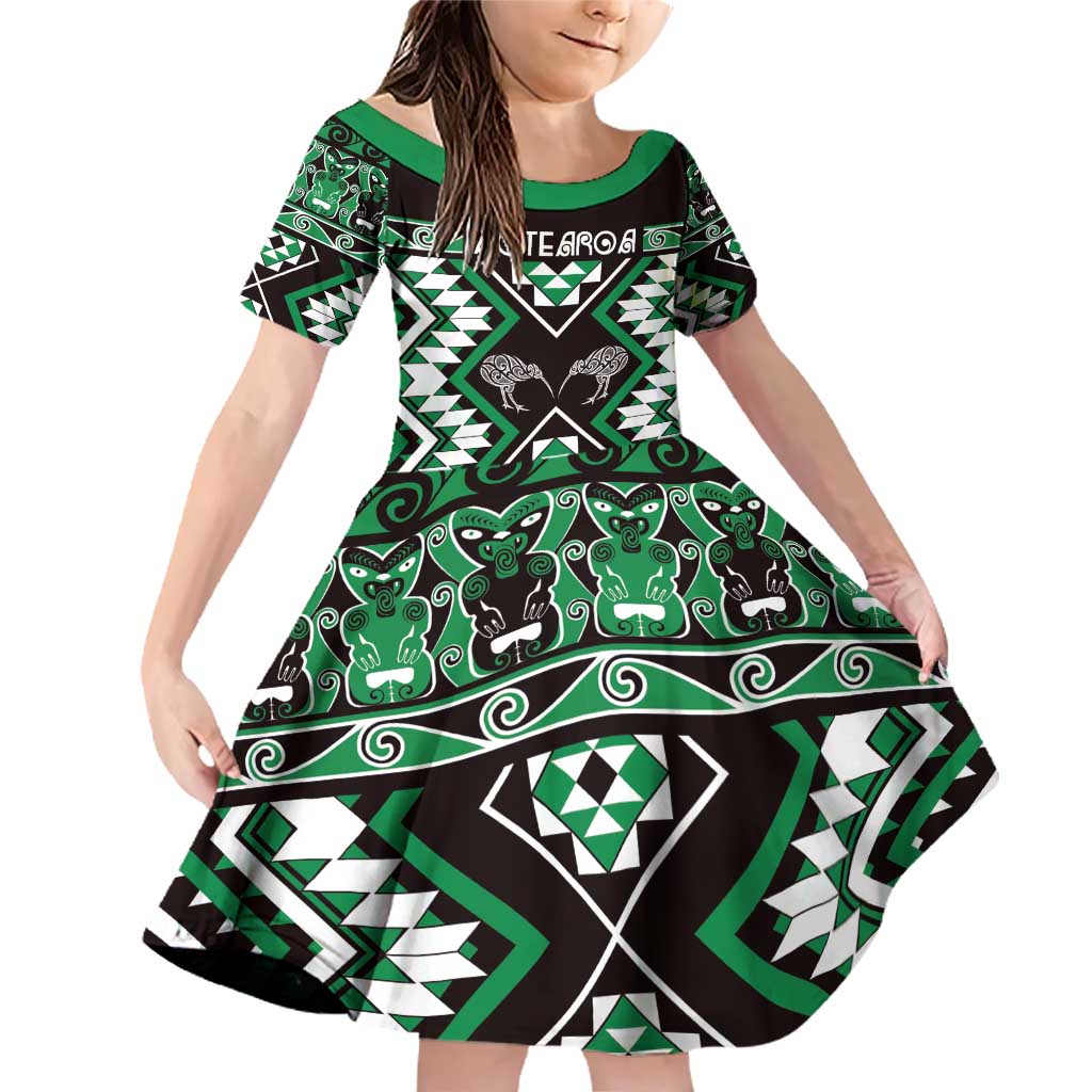 Personalised Taniko Motifs Aotearoa Family Matching Off Shoulder Short Dress and Hawaiian Shirt Waitangi Kowhaiwhai Kiwi - Green LT7 Daughter's Dress Green - Polynesian Pride