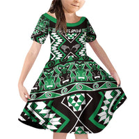 Personalised Taniko Motifs Aotearoa Family Matching Off Shoulder Short Dress and Hawaiian Shirt Waitangi Kowhaiwhai Kiwi - Green LT7 Daughter's Dress Green - Polynesian Pride