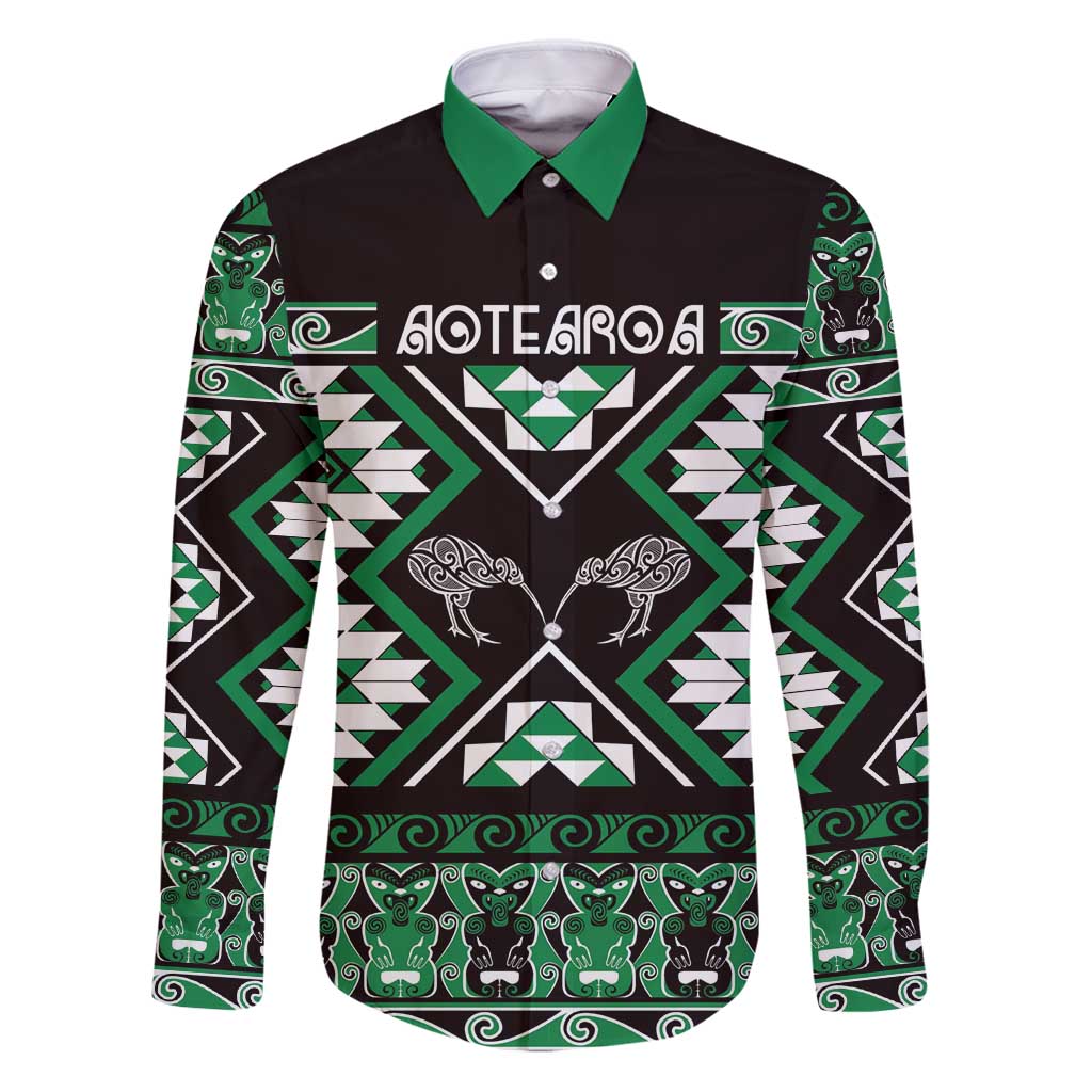 Personalised Taniko Motifs Aotearoa Family Matching Puletasi and Hawaiian Shirt Waitangi Kowhaiwhai Kiwi - Green LT7 Dad's Shirt - Long Sleeve Green - Polynesian Pride
